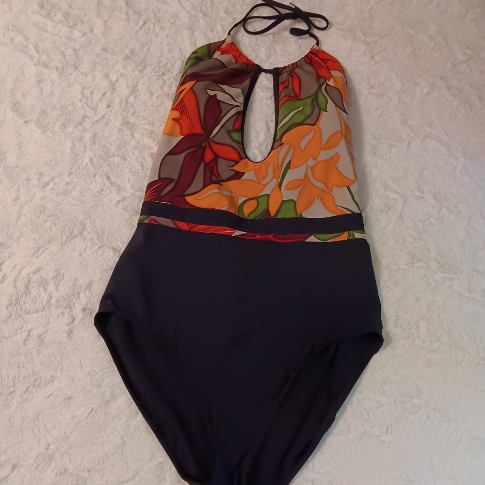 Calvin Klein Black & Orange Tropical Print Keyhole-Neck One-Piece Swimsuit 12 - Picture 2 of 11